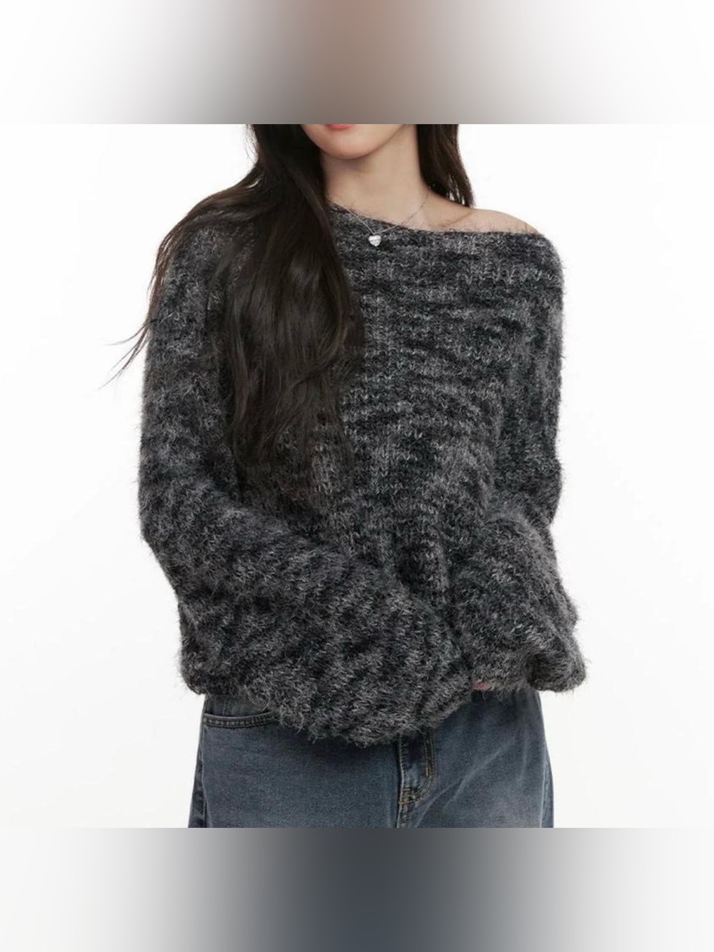 Gray Off the Shoulder Marled Fuzzy Knit Sweater